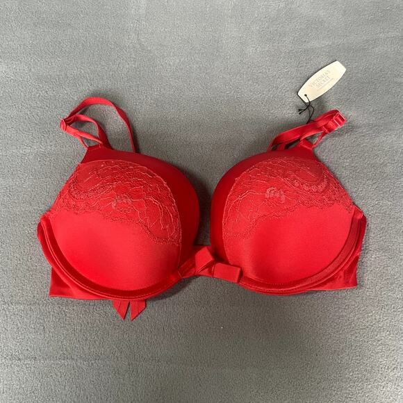 Victoria's Secret Bra 32C Red Miraculous Plunge Padded 2 Cup Push Up Bombshell - Picture 1 of 9